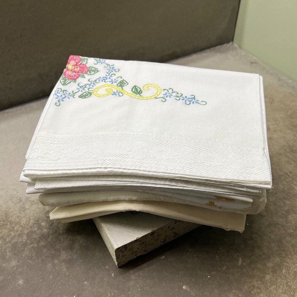 Vintage 7-Count Embroidered & Lace Trim Pillowcases: 3 Single/2 Double Set Cases